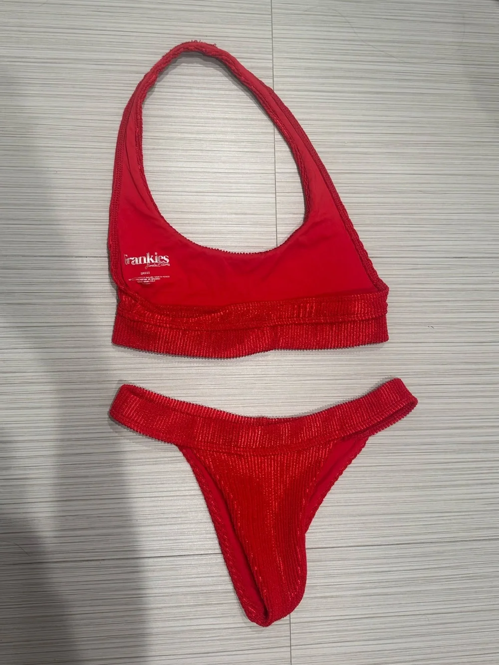 Frankie’s Bikinid Red Shiny Ribbed Halter Bikini Top and Bottom Set